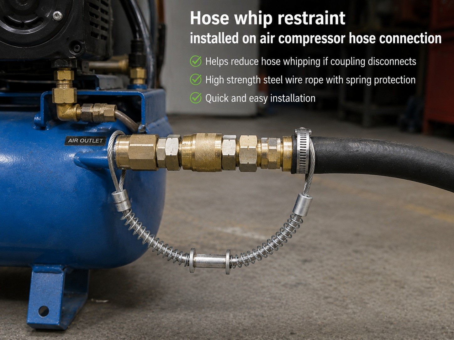 Hose whip restraint installed on air compressor hose connection