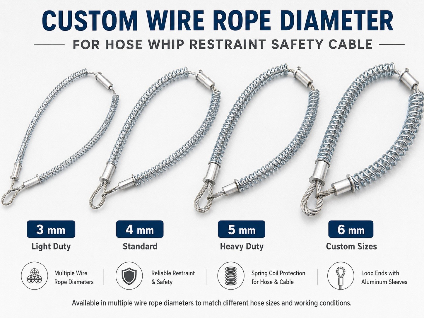 Custom wire rope diameter for hose whip restraint safety cable