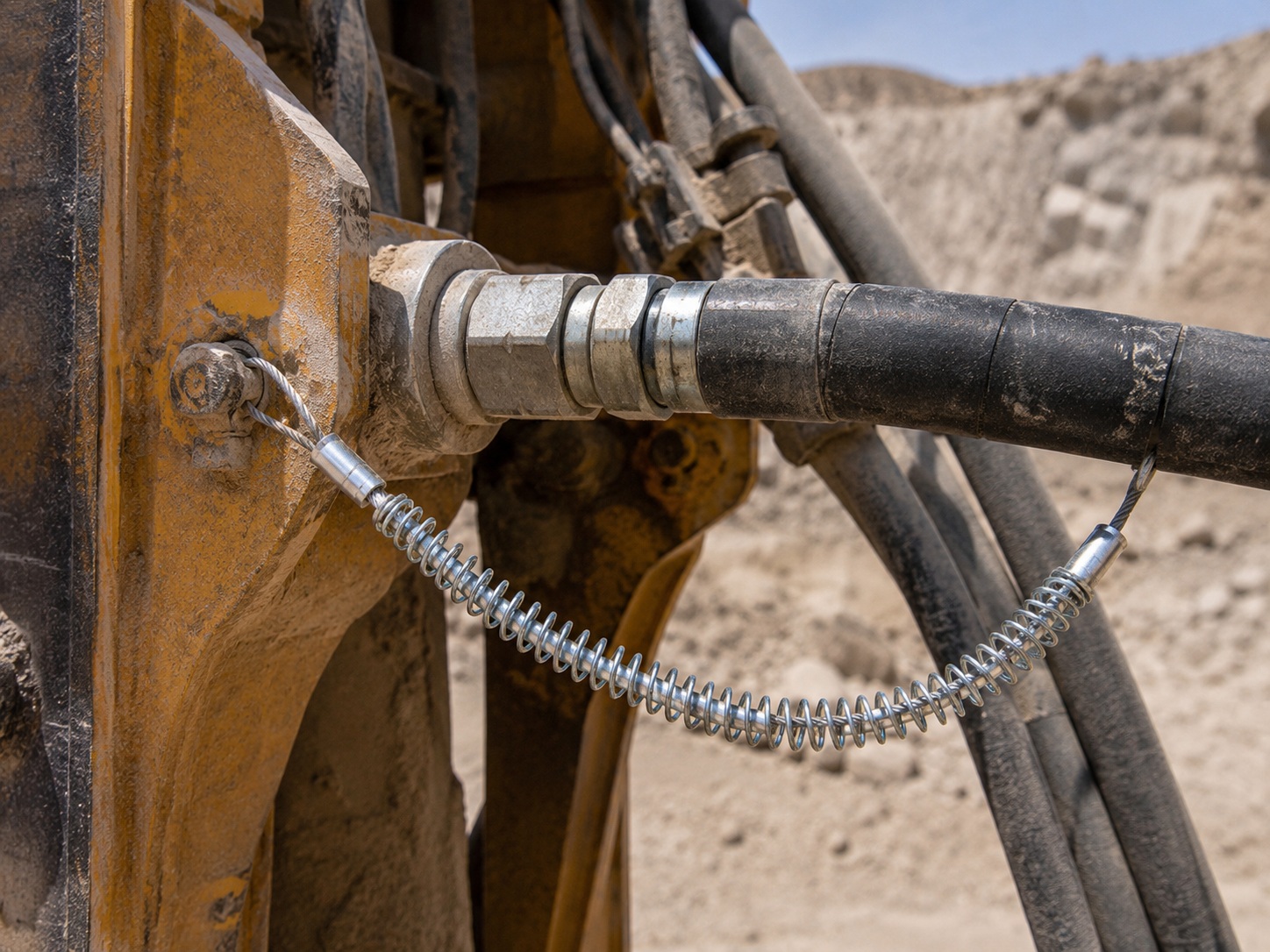 Mining hydraulische slang zweep beveiliging installed on heavy equipment hose connection